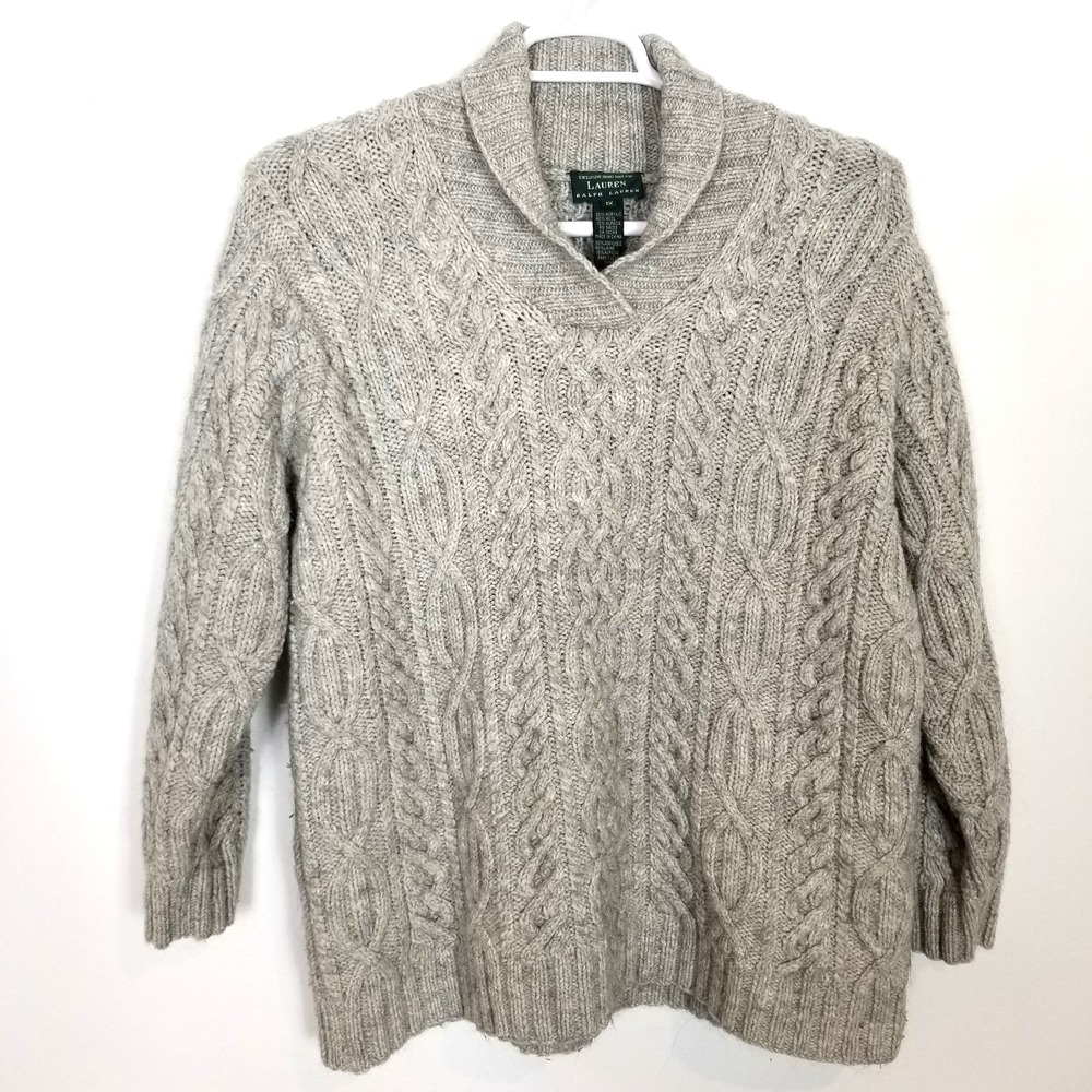 Lauren Ralph Lauren Women Hand Knit Heavy Alpaca Wool Sweater Sz‎ 1X Gray Cable
